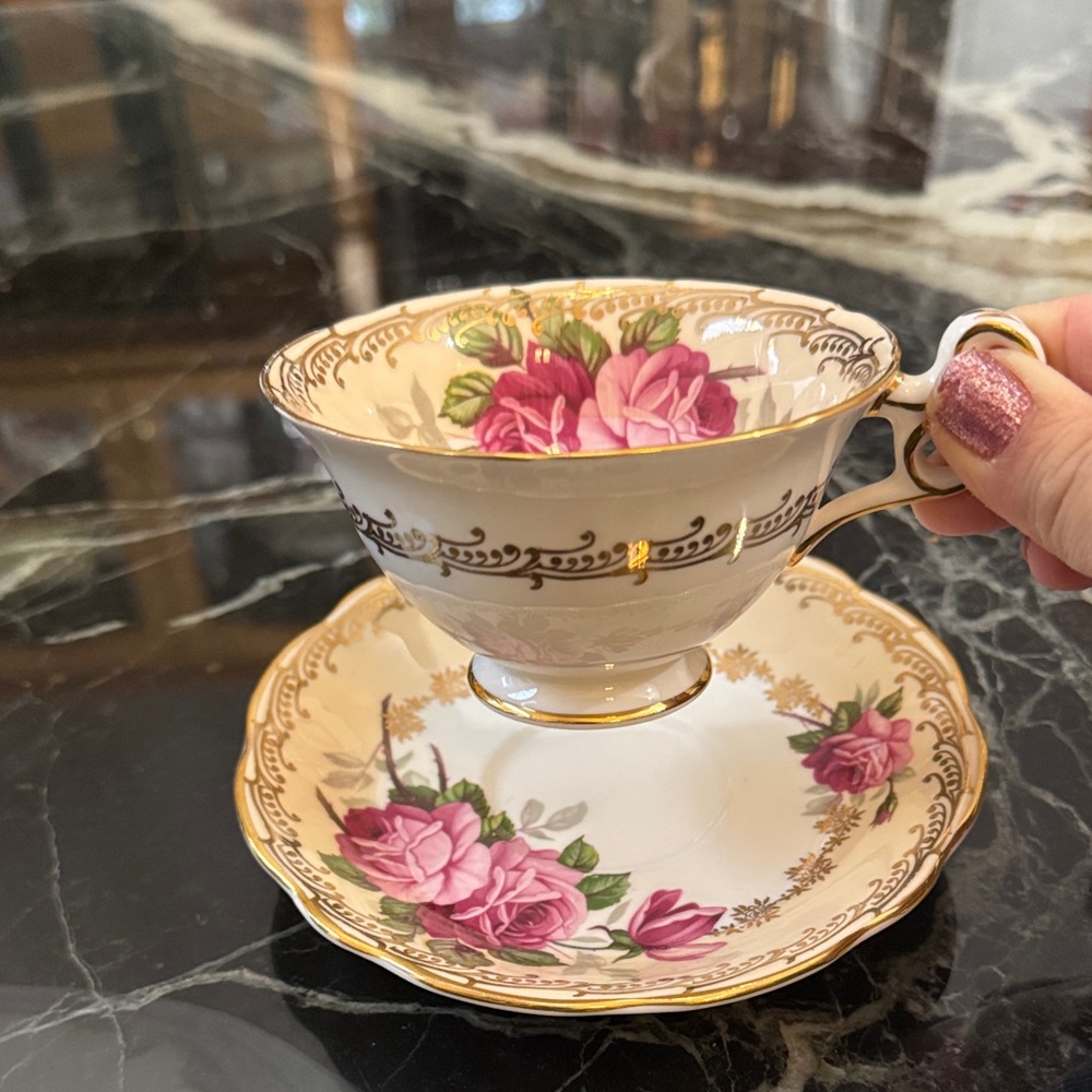 VINTAGE Porcelain Teacup and Saucer Set with Pink Rose and Gold Trim E B FOLEY